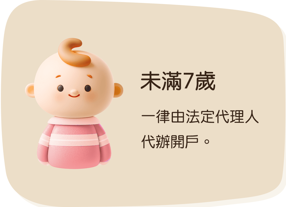 未滿7歲，一律由法定代理人代辦開戶。